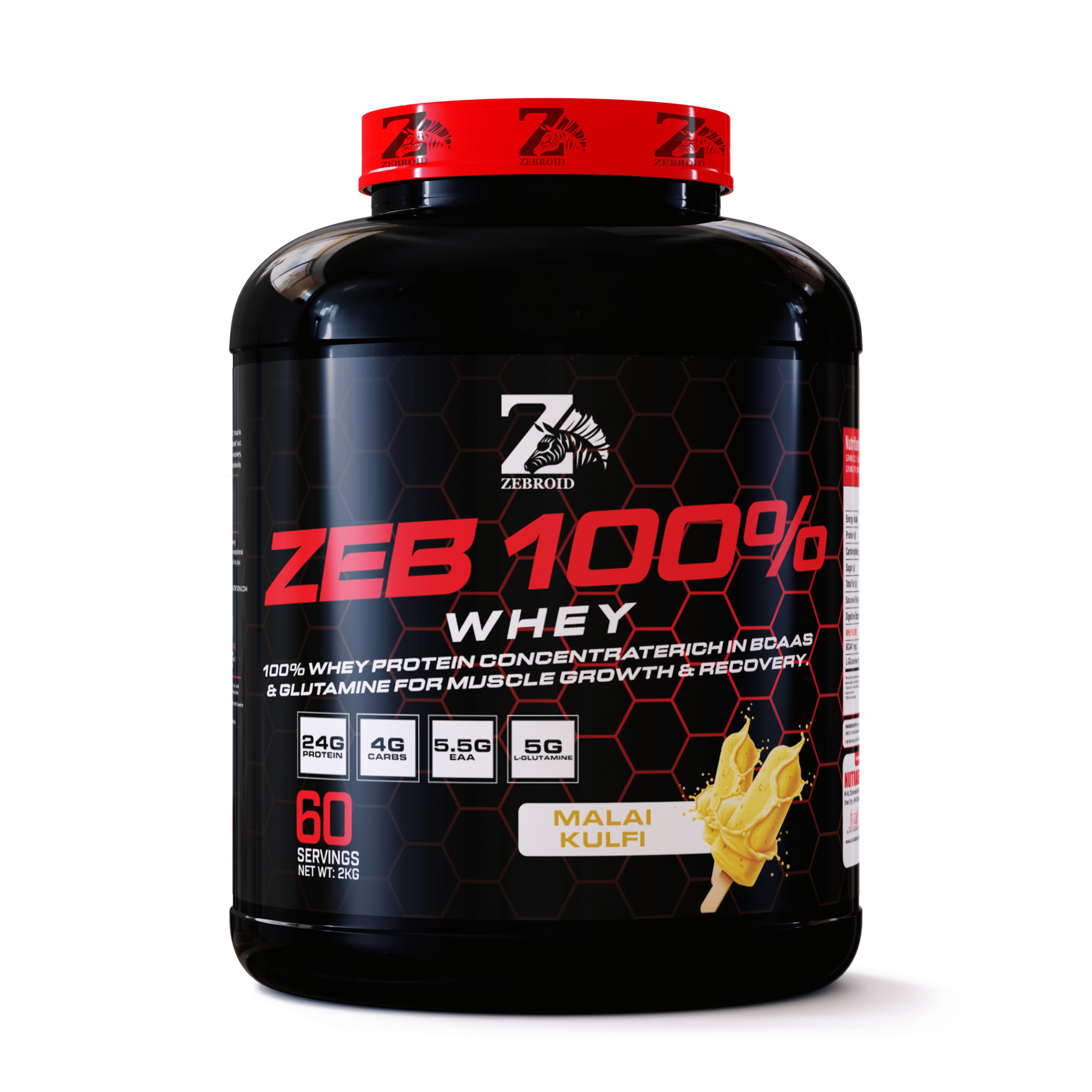 Zebroid ZEB 100% Whey Protein Concentrate Rich – Pure Muscle-Building Protein for Strength, Recovery & Performance | Weight- 2 KG (Flavore- Malai Kulfi)